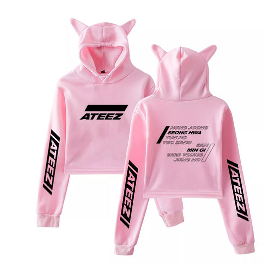 Korean Fashion KPOP ATEEZ Kawaii Crop Top Hoodie Funny Cat Ear Cropped Short Sweatshirt Hooded Pullover Women Tops Streetwear