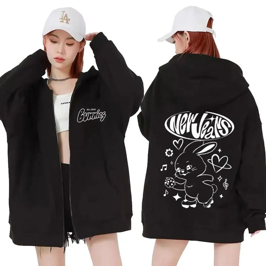 Korean NewJeans Bunny Kawaii Graphic Zip Up Hoodies Fashion Kpop Style Cute Hoodie Men Women's Casual Jackets Zipper Sweatshirts